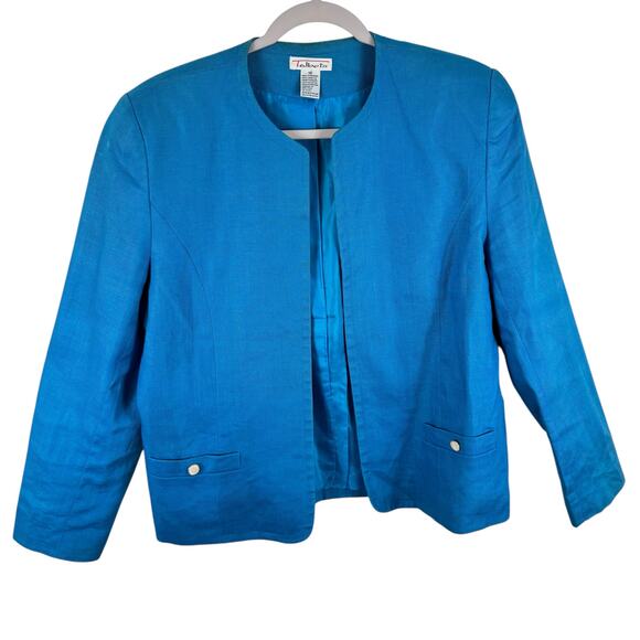 Talbots Vintage 100% Linen Blue Padded Lined Open Blazer Pockets Size 14 - Picture 1 of 7